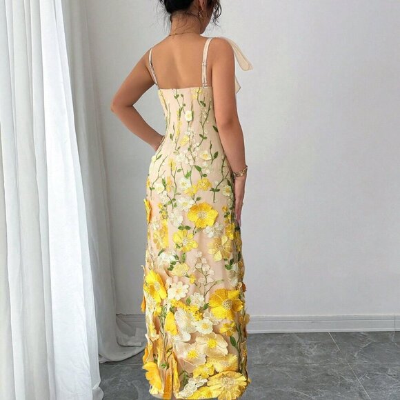 yellow Elegant Women's Mesh 3d Flower print Strap tie Maxi Dress - Picture 2 of 4
